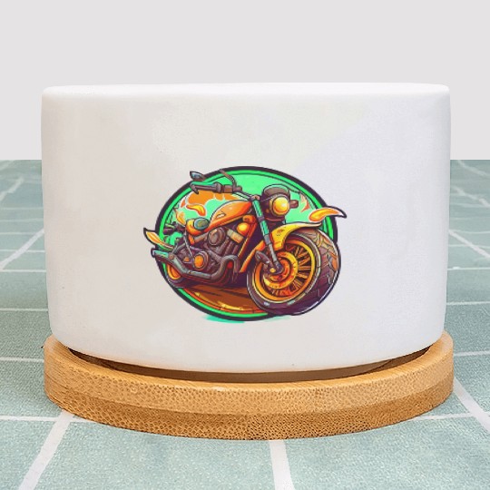 Orange Motorcycle on Green Background Plant Pots