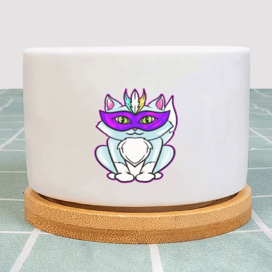 Cute Kawaii Cat With Purple Mask For Mardi Gras Plant Pots