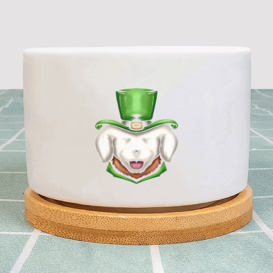 Cute White Dog Golden Retriever Green Hat St Plant Pots