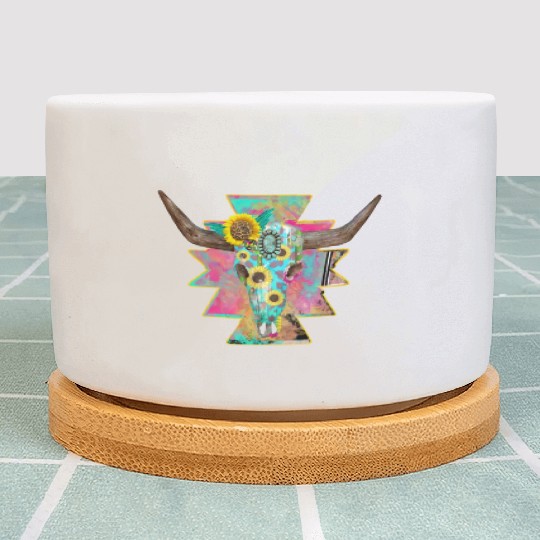 Colorful Floral Bull Skull Plant Pots