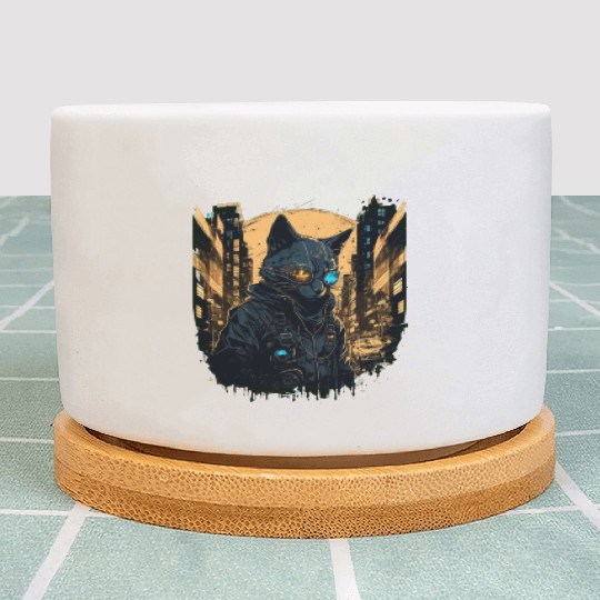 Cyberpunk cat in the city Plant Pots