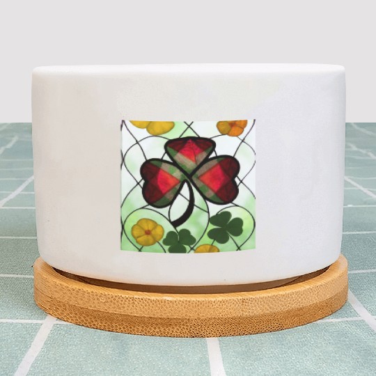 Red plaid Shamrock with Yellow Poppies (AI Art) Plant Pots