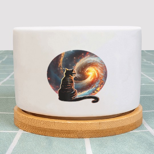 Cat Staring at a Galaxy Cat Dad Cat Lover Plant Pots