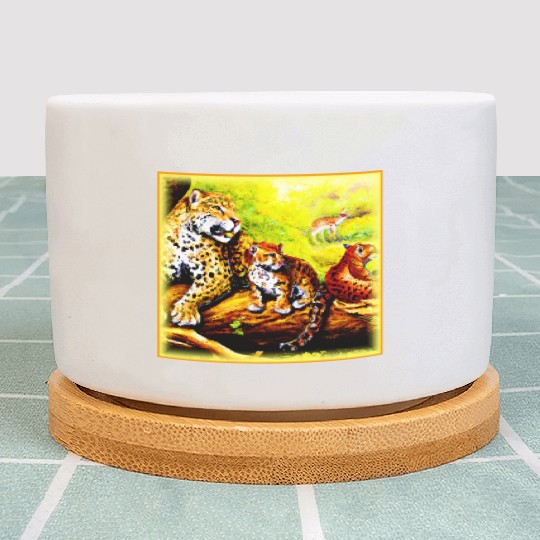 Jaguar Mom and Cubs Relaxing in Jungle. Buy Now Plant Pots