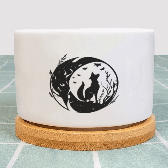 Pretty Cute Tattoo Style Fox In The Moon Plant Pots