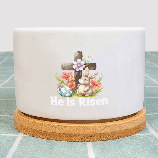 He Is Risen Cute Bunny Christianity Cross Plant Pots