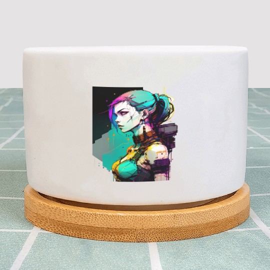 Bold and Beautiful Cyberpunk Girl with Teal Hair Plant Pots