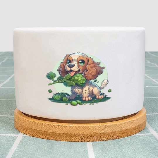 Cute dog eats green broccoli vegetables Plant Pots