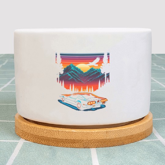 1980s Muscle Car and Retro Neon Mountain Sunset Plant Pots
