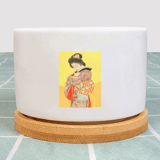 Geisha in Kimono with Cat Retro art Plant Pots