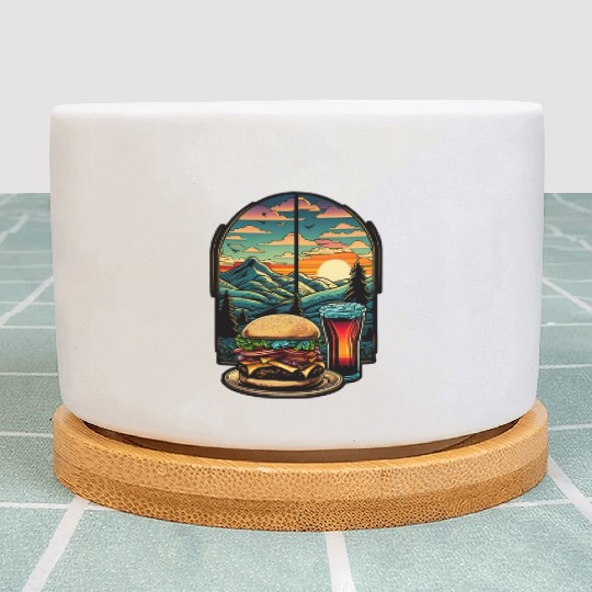 Church window with hamburger burger and drink Plant Pots