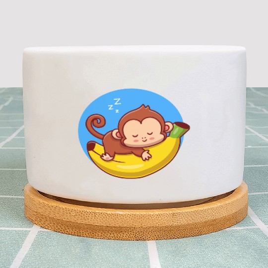Cute Monkey Sleeping On Banana Cartoon Plant Pots