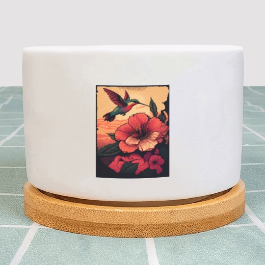 Hummingbird flies over hibiscus flower Tropical Plant Pots