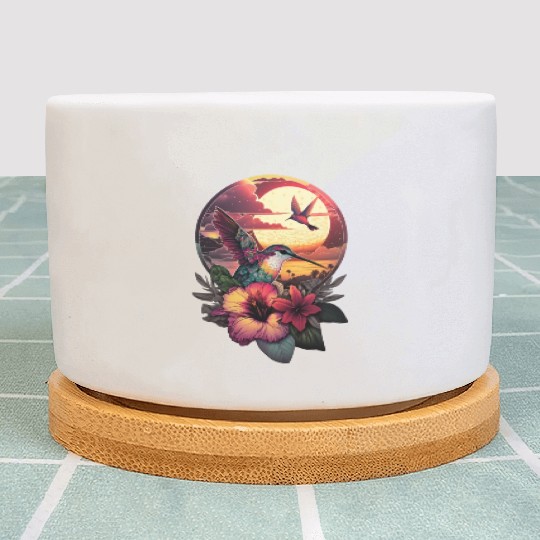 Hummingbird flies over hibiscus flower Tropical Plant Pots