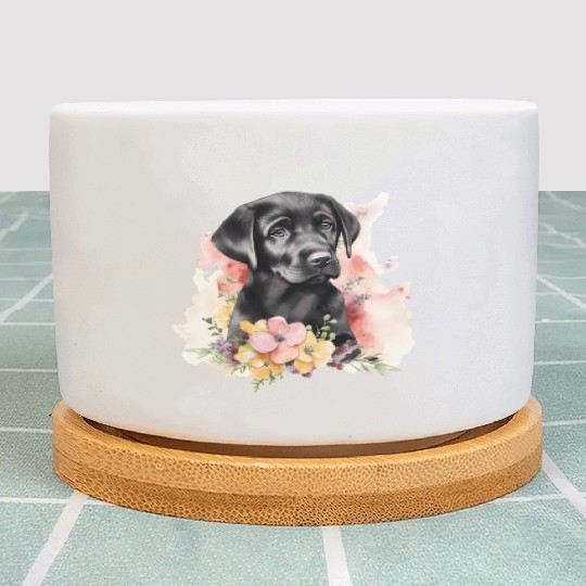 Black Lab Dog Watercolor Floral Plant Pots