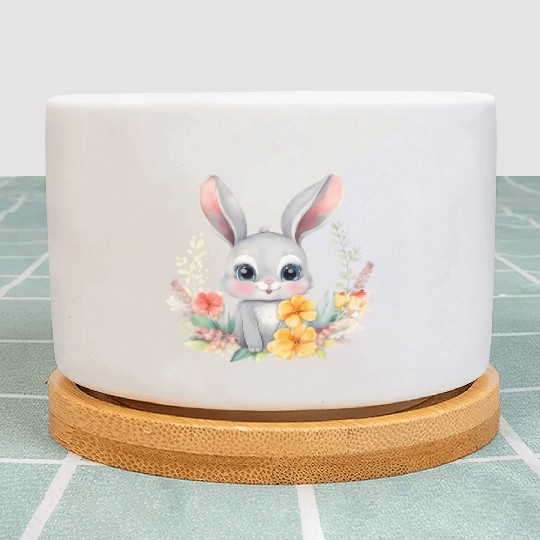 Grey Bunny Rabbit Watercolor Floral Plant Pots