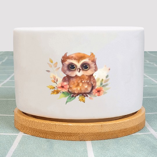 Brown Owl Forest Animal Watercolor Floral Plant Pots