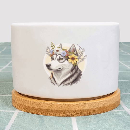 Cute Siberian Husky Flower Crown Pet Dog Breed Pup Plant Pots