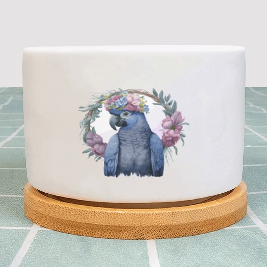 Watercolor Hyacinth Macaw Parrot Bird Flower Crown Plant Pots
