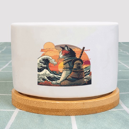 Retro samurai cat The Great Wave Hokusai Plant Pots
