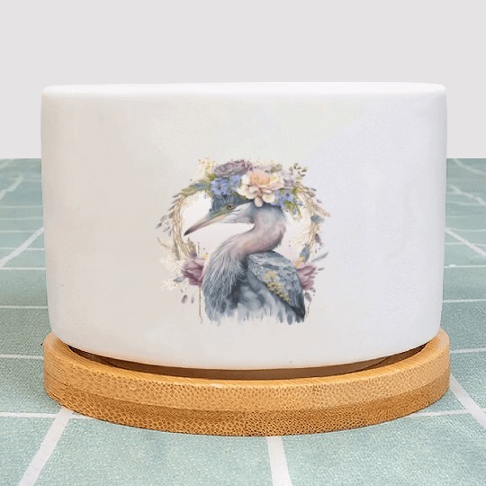 Watercolor Heron Freshwater Bird Watching Flower C Plant Pots