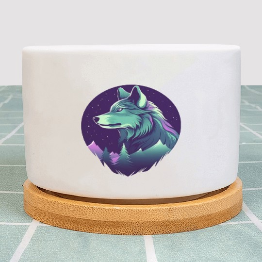 Starry Night Wolf With Northern Light Colors Plant Pots