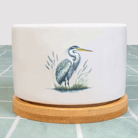 Watercolor Heron in Nature Plant Pots