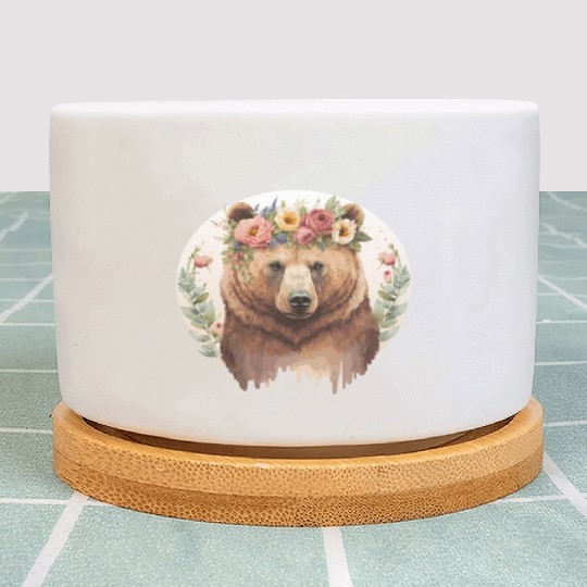 Cute Brown Bear Grizzly Flower Crown Animal Lovers Plant Pots