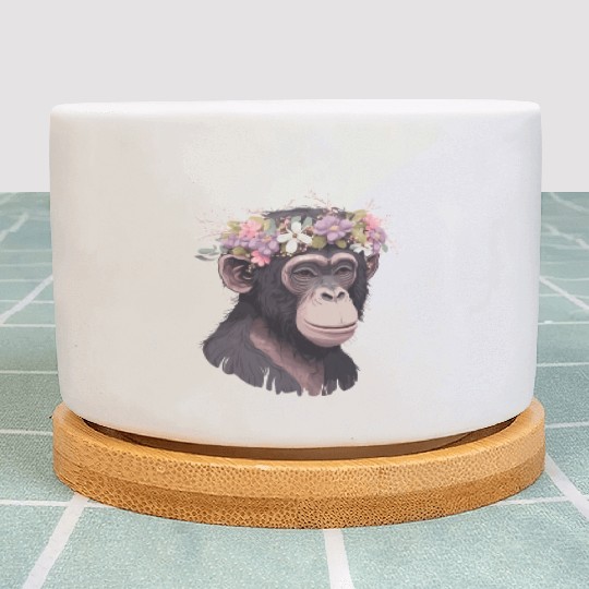 Cute Chimp Chimpanzee Flower Crown Floral Ape Monk Plant Pots