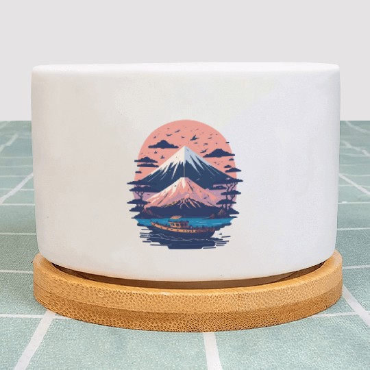 Serene Mount Fuji Sunset Peaceful River Scenery Plant Pots
