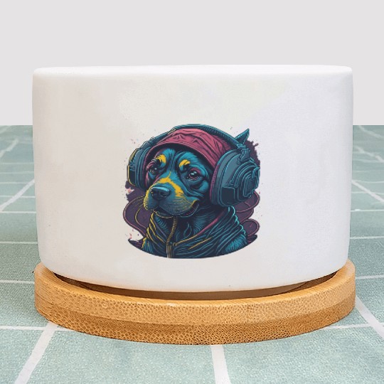 Cute Rottweiler Dog Wearing Headset for Gamer Plant Pots