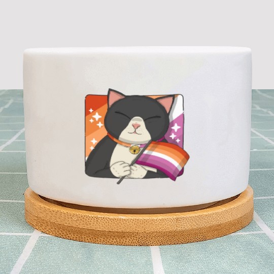 Cute Tuxedo Cat Holding Lesbian Pride Flag Plant Pots