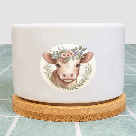 Cottagecore Cute Baby Cow Calf Floral Farm Animal Plant Pots