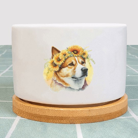 Watercolor Akita Sunflower Dog Breed Pet Puppy Plant Pots