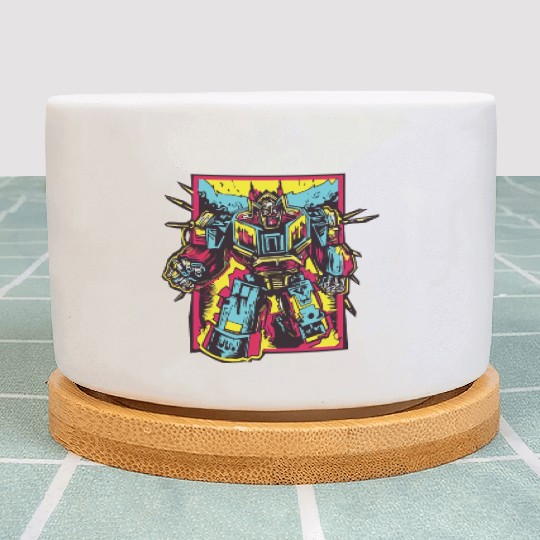 Red Plant Pots Retro Style 90s Cartoon Comic Hero Robot