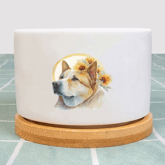 Cute Akita Sunflower Dog Breed Pet Puppy Plant Pots
