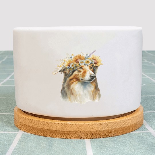 Watercolor Collie Sunflower Dog Breed Pet Puppy Plant Pots
