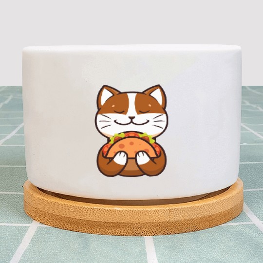 Brown Cat Cartoon Tacos Funny Cute Taco Lover Plant Pots