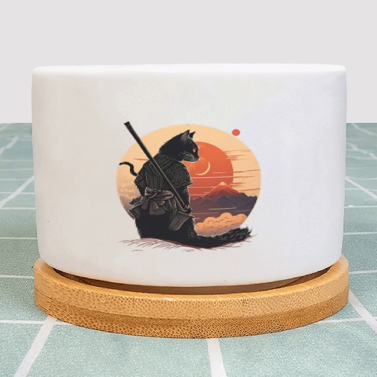 Vintage Japanese Sunset Style And Samurai Cat Kitt Plant Pots