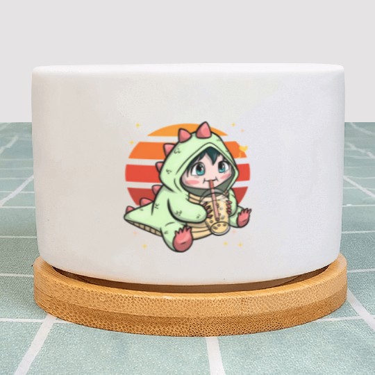 Boba Dinosaur Drinking Love Tea Sunset Plant Pots