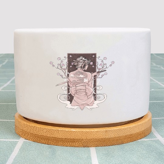 Vintage Japanese Katana Wo Kimono Cherry Blossoms Plant Pots