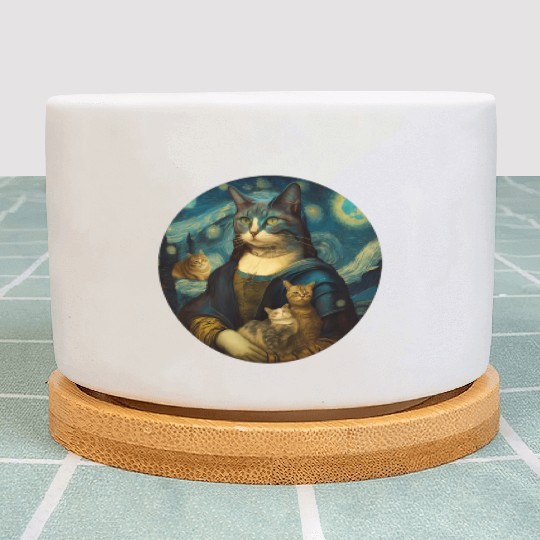 Mona Lisa With Cats Starry Night Van Gogh Painting Plant Pots