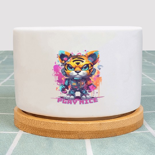 Play Nice Plant Pots: Robot Tiger Synthwave Graffiti Kids