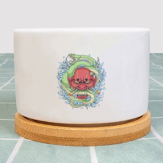 Japanese oni mask with peony flower and greem snak Plant Pots