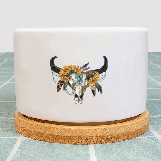 Bull Skull And Sunflowers Plant Pots