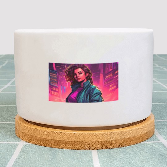 Girl in front of a Neon Pink Cityscape Plant Pots