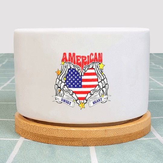 America Sweet Heart Skeleton Hands Heart Flag 4th Plant Pots