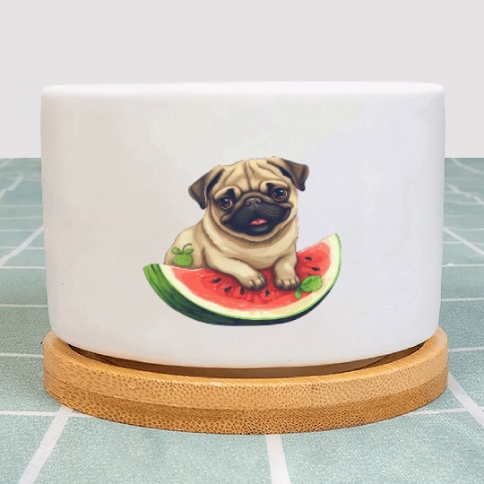 Pug with Melon, Funny Summer Design for Dog Lovers Plant Pots