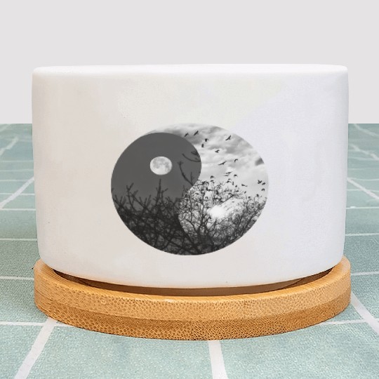 Yin and Yang of Moon and Sun in Black and White Plant Pots