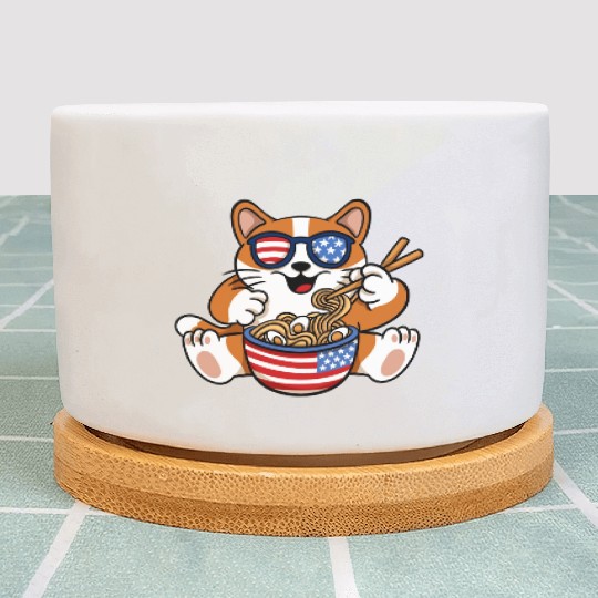 American Flag Cat Eating Ramen Food Lover Design Plant Pots